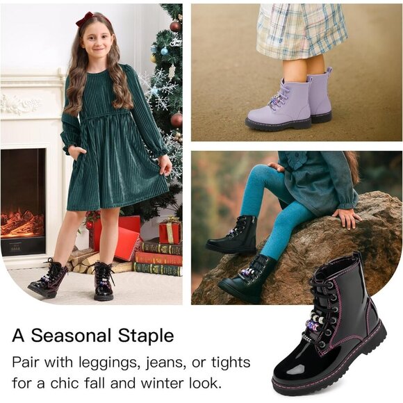 Kids Black Pat Boots Toddler Girl Boots DIY Combat Ankle Boots Side Zipper - Picture 7 of 7